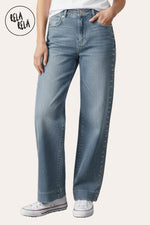Front view of Stretchy Studded Rivet Wide Leg Jeans in Vintage Blue, showcasing dad fit and mid-waist design.